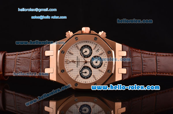 Audemars Piguet Royal Oak Chronograph Miyota OS20 Quartz Rose Gold Case with Brown Leather Strap White Dial and Stick Markers - Click Image to Close